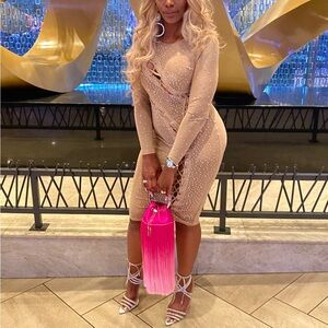 Banjul Nude/Tan Long-Sleeve Rhinestone Prom Dress